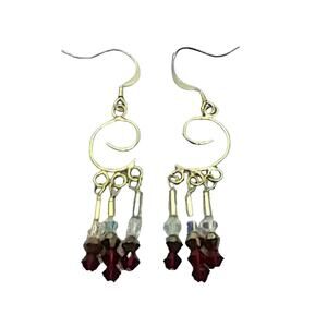 Chandelier Earrings Red and AB Crystals Gold Bugle Beads Gold Tone